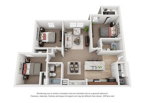 Floor plan for 3 beds, 2 baths, 1046 sqft
